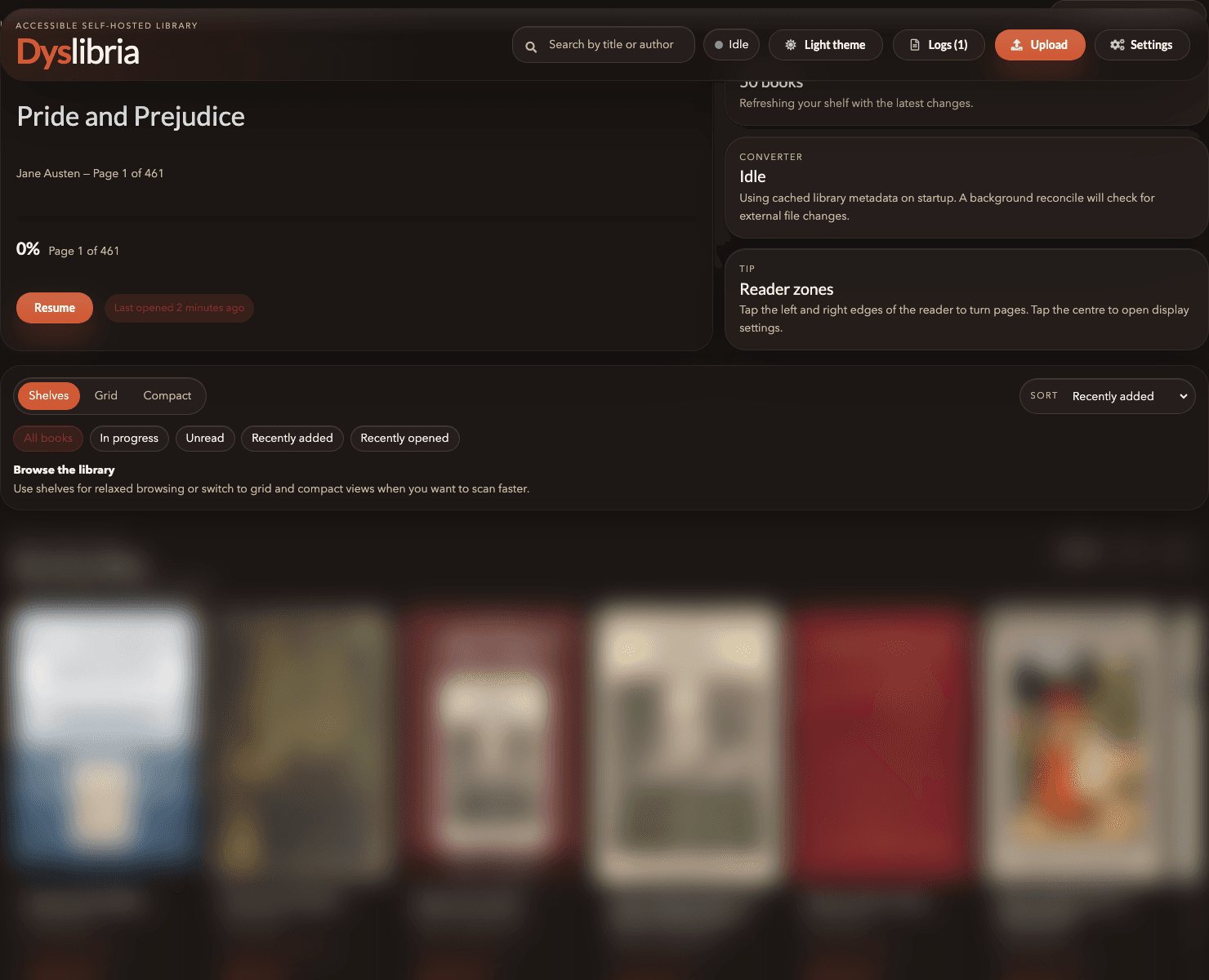 The self-hosted library dashboard showing search, status cards, shelf controls, and blurred non-public-domain book covers.
