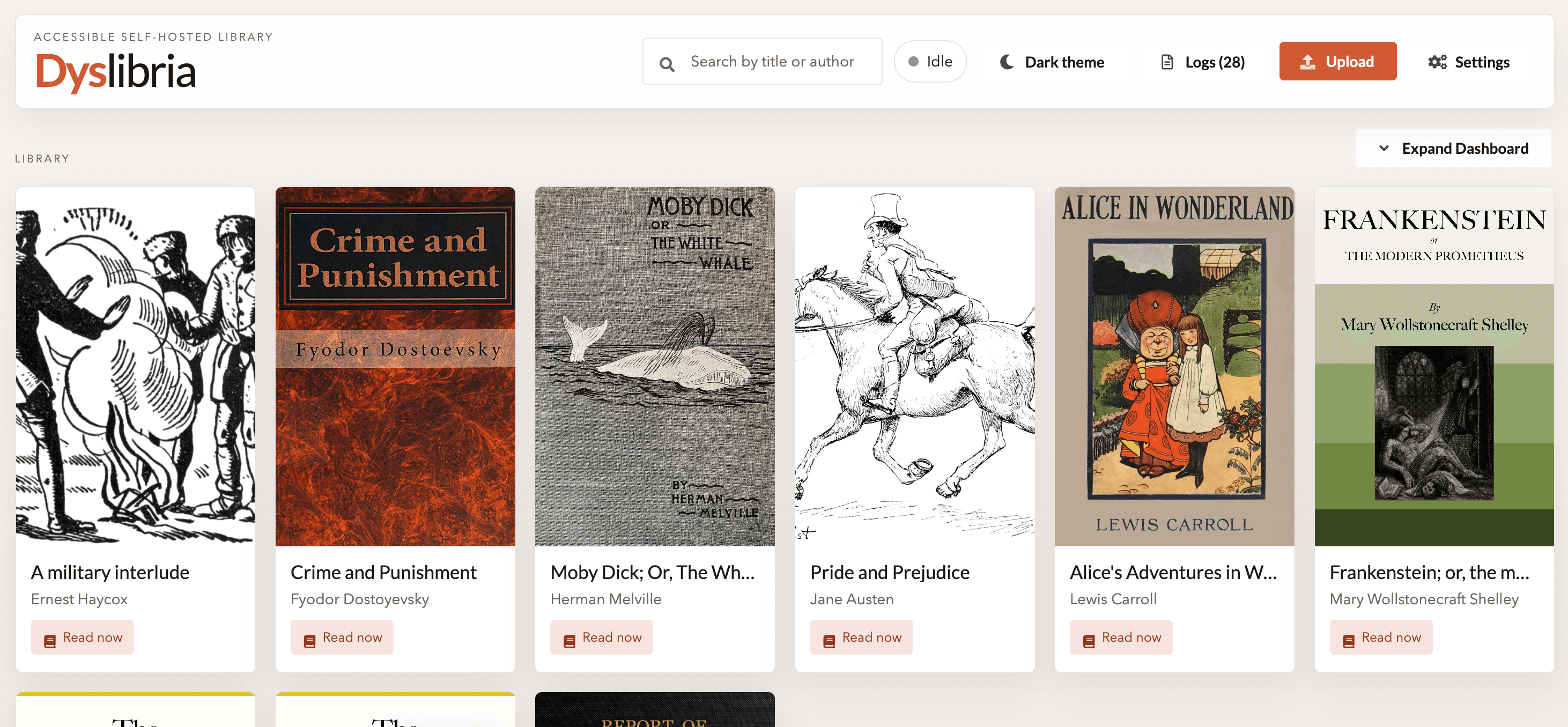 The Dyslibria self-hosted library wall in light mode showing book covers and top navigation.