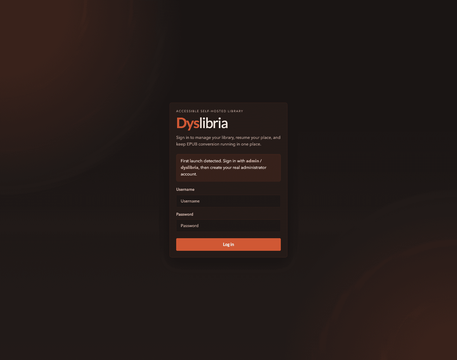 The self-hosted Dyslibria login page showing the bootstrap sign-in form.