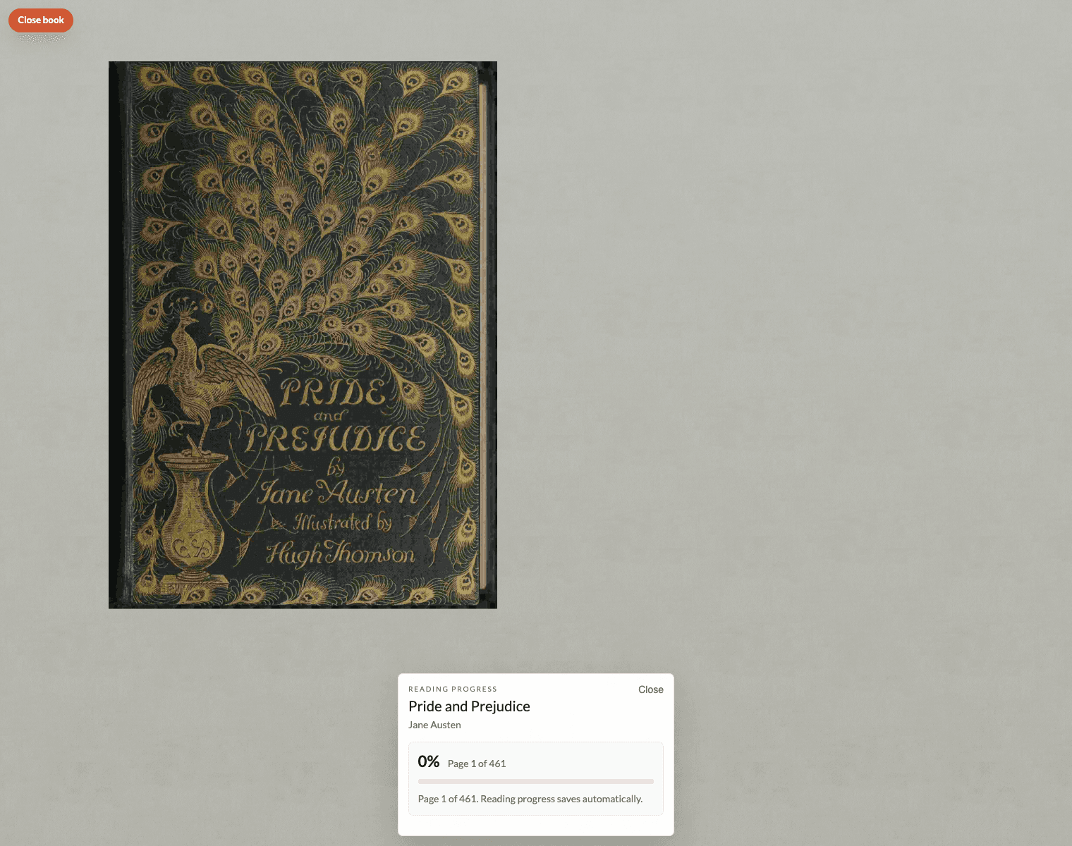 The self-hosted reader with the progress sheet open over a public-domain book.
