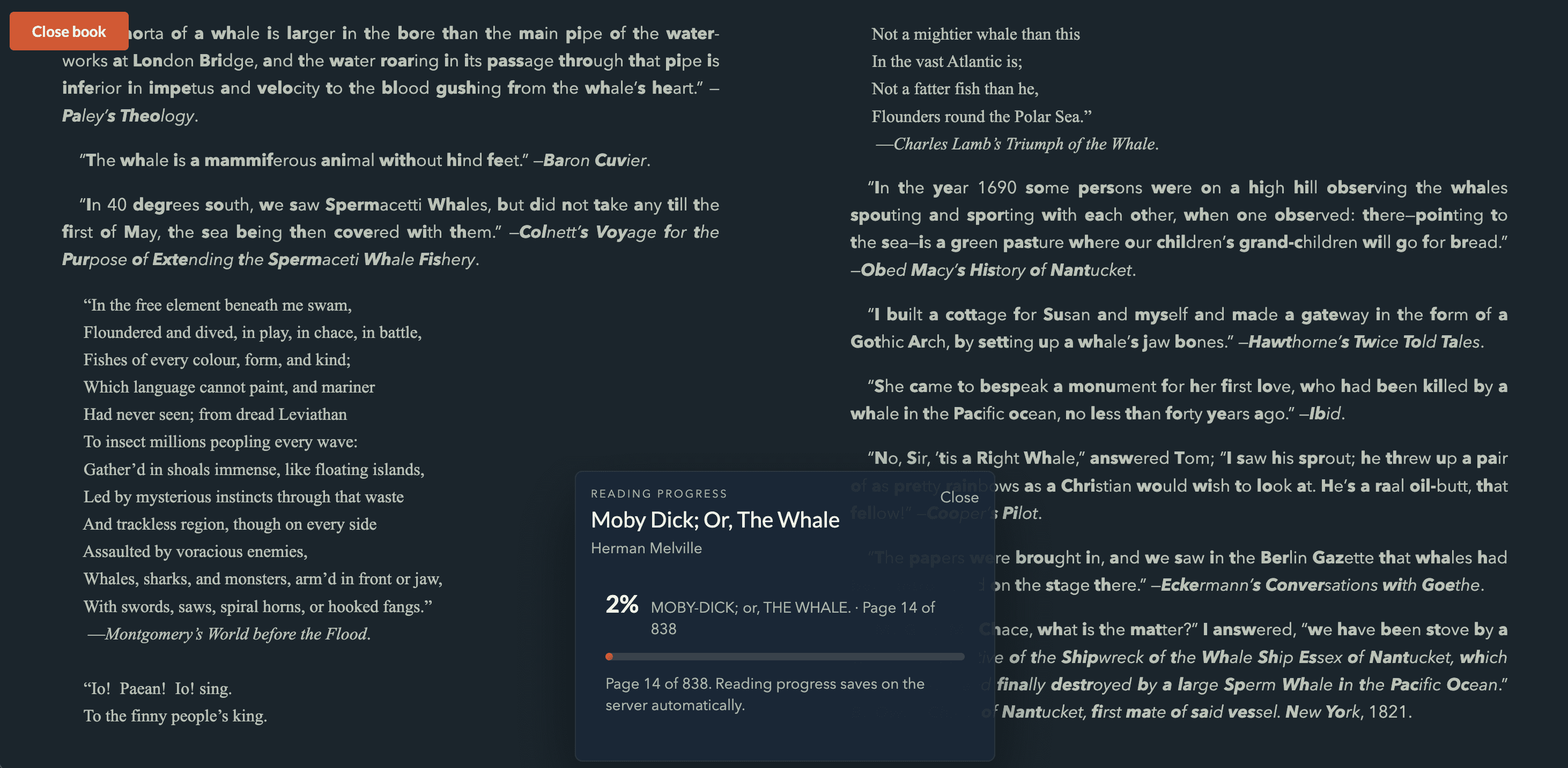 Reader settings in dark mode including theme, font family, font size, line height, and page spread.