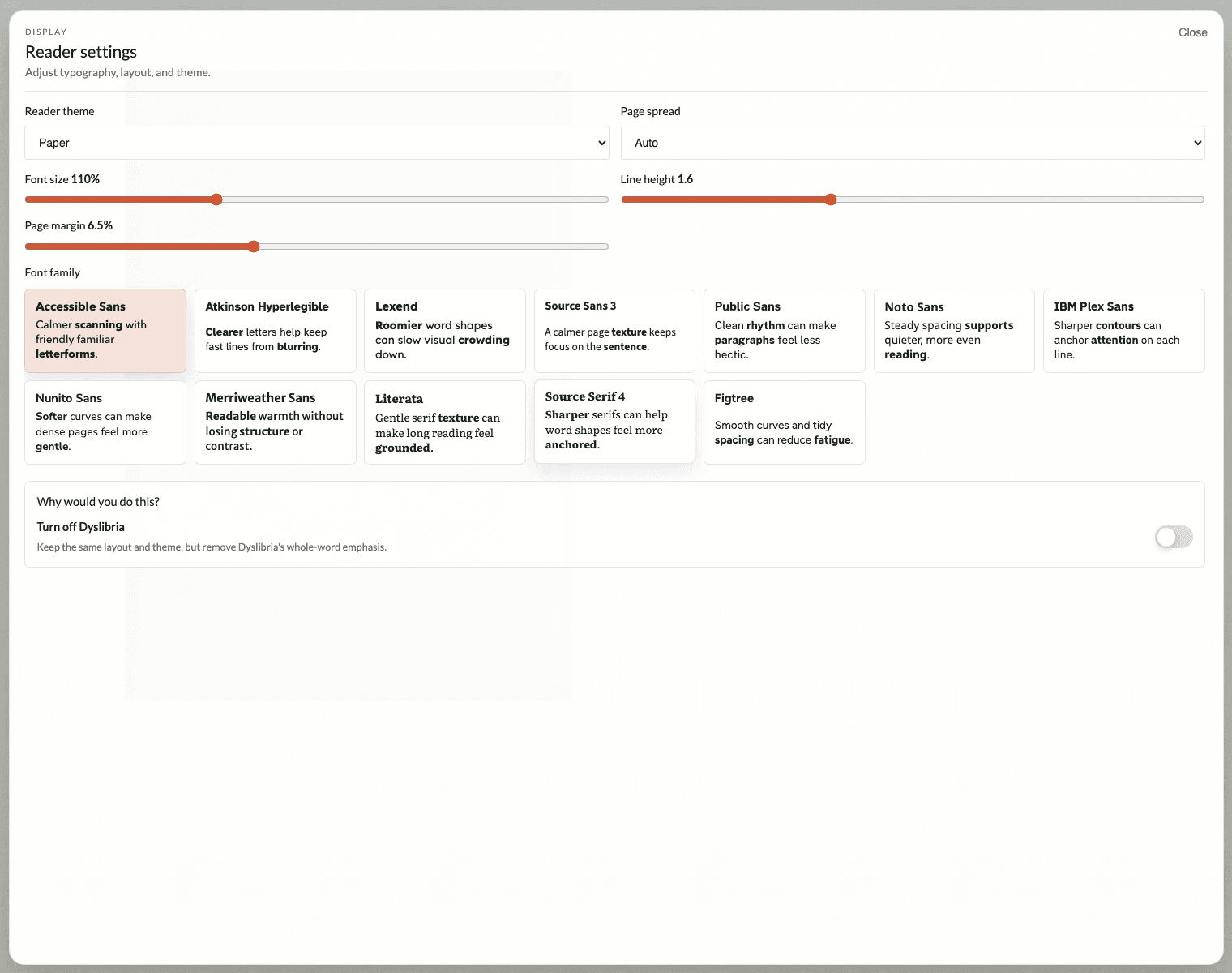 The self-hosted reader settings sheet showing theme, font family, spacing controls, and the Dyslibria toggle.