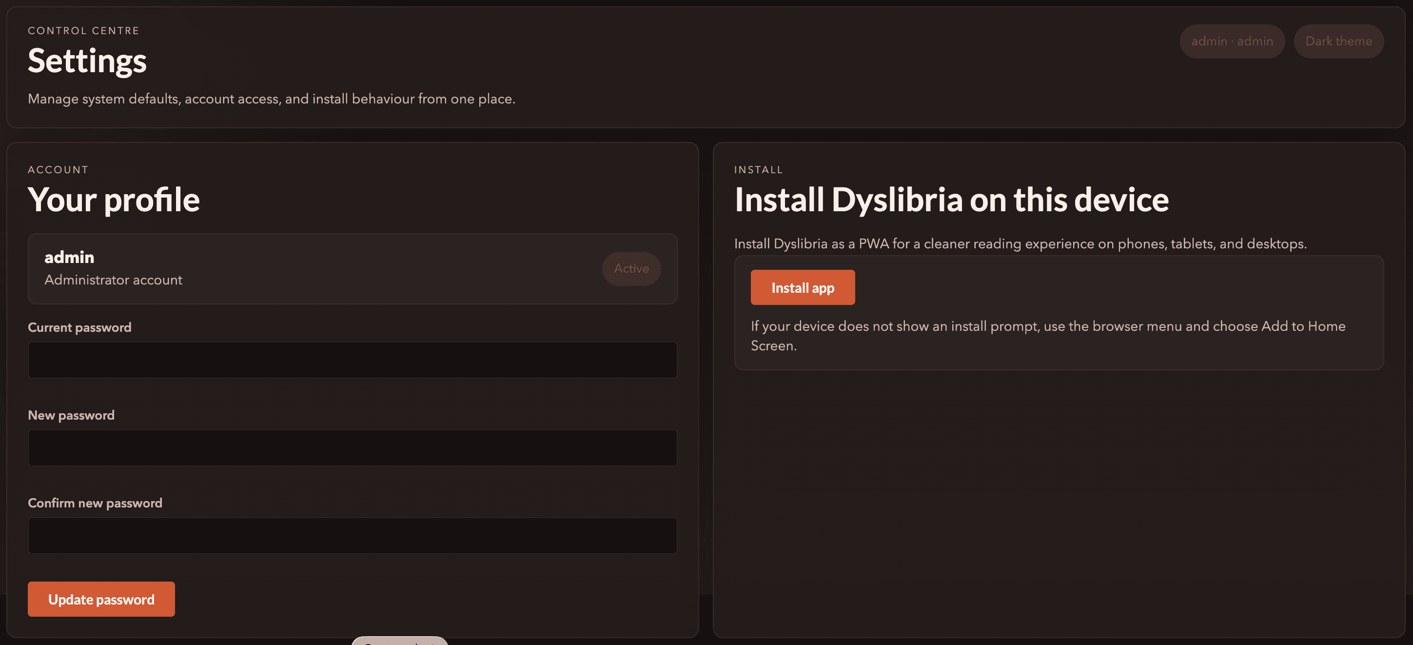 The install app card on the Dyslibria settings page.