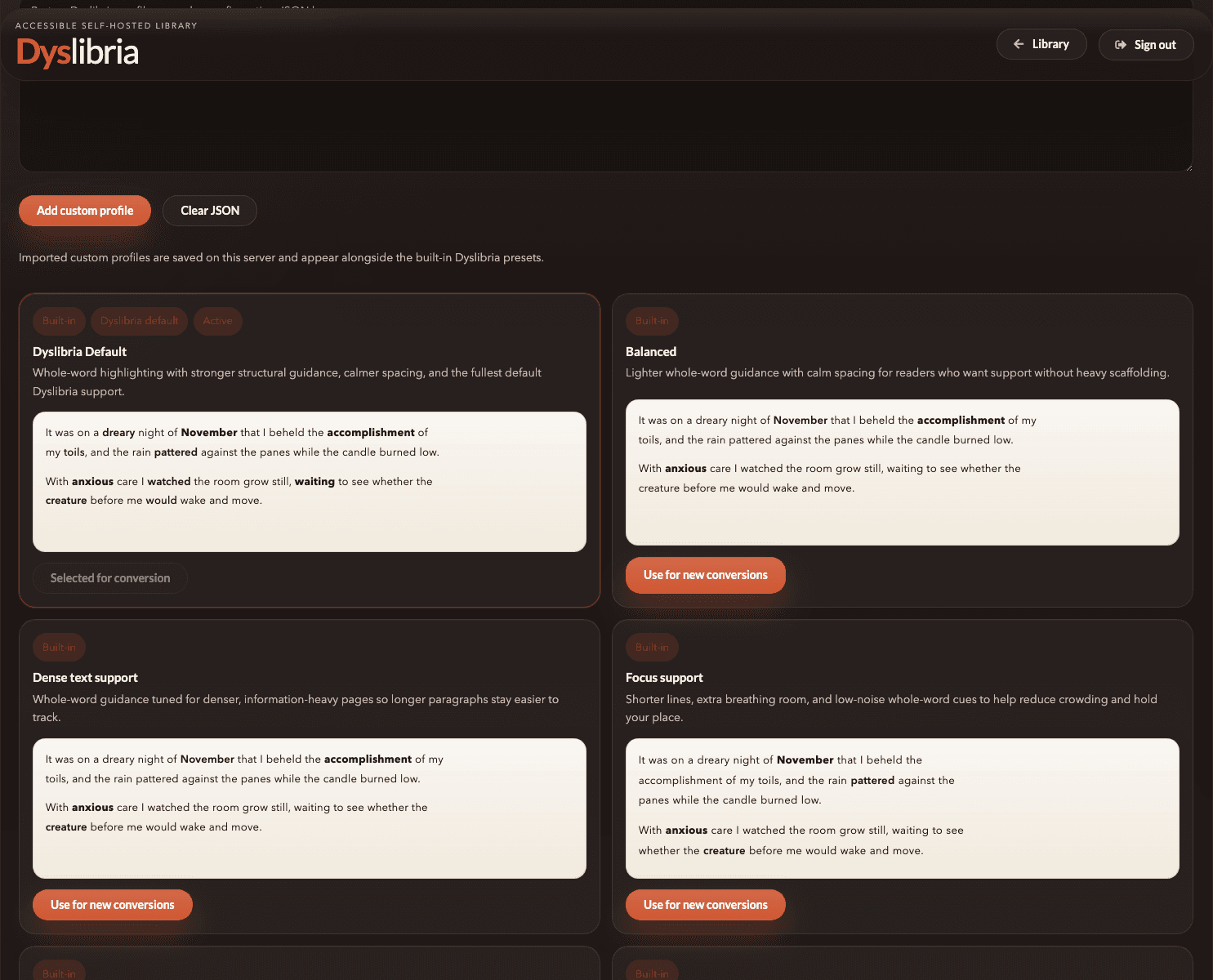 The self-hosted typography profile settings showing built-in Dyslibria conversion presets and preview cards.