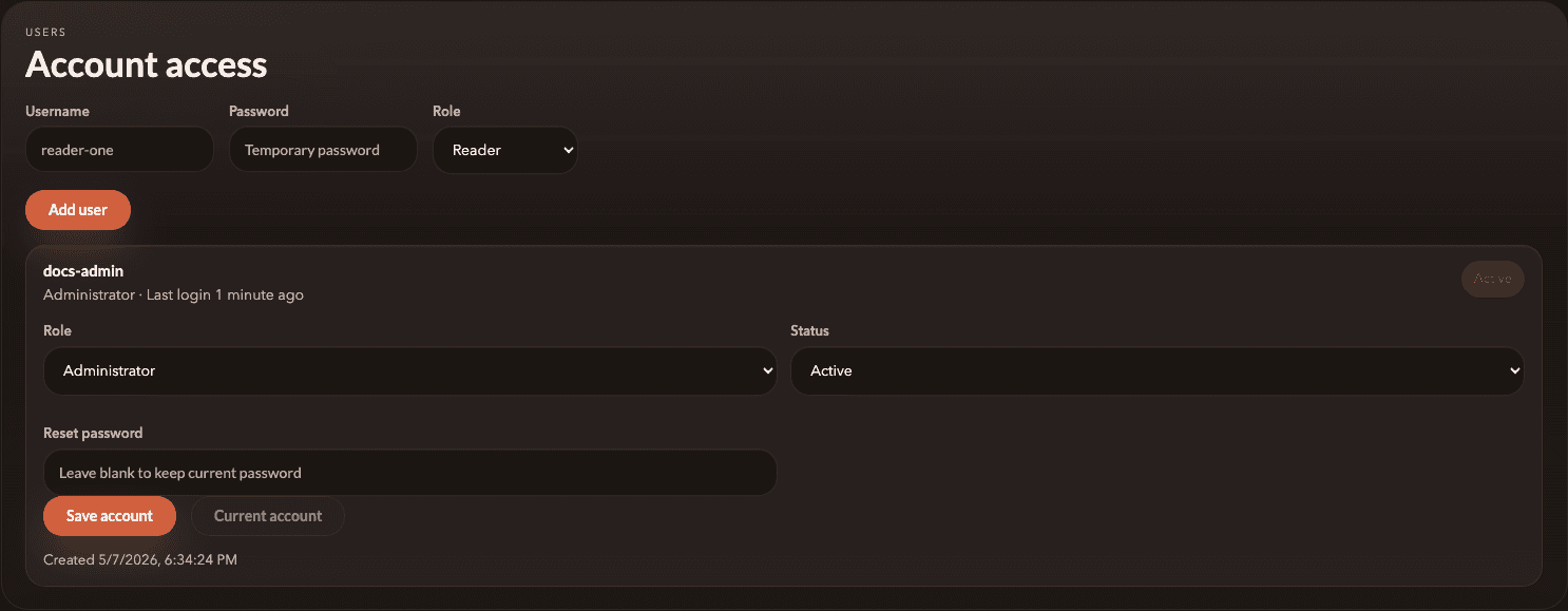 The self-hosted account access screen showing the add-user form and administrator account controls.