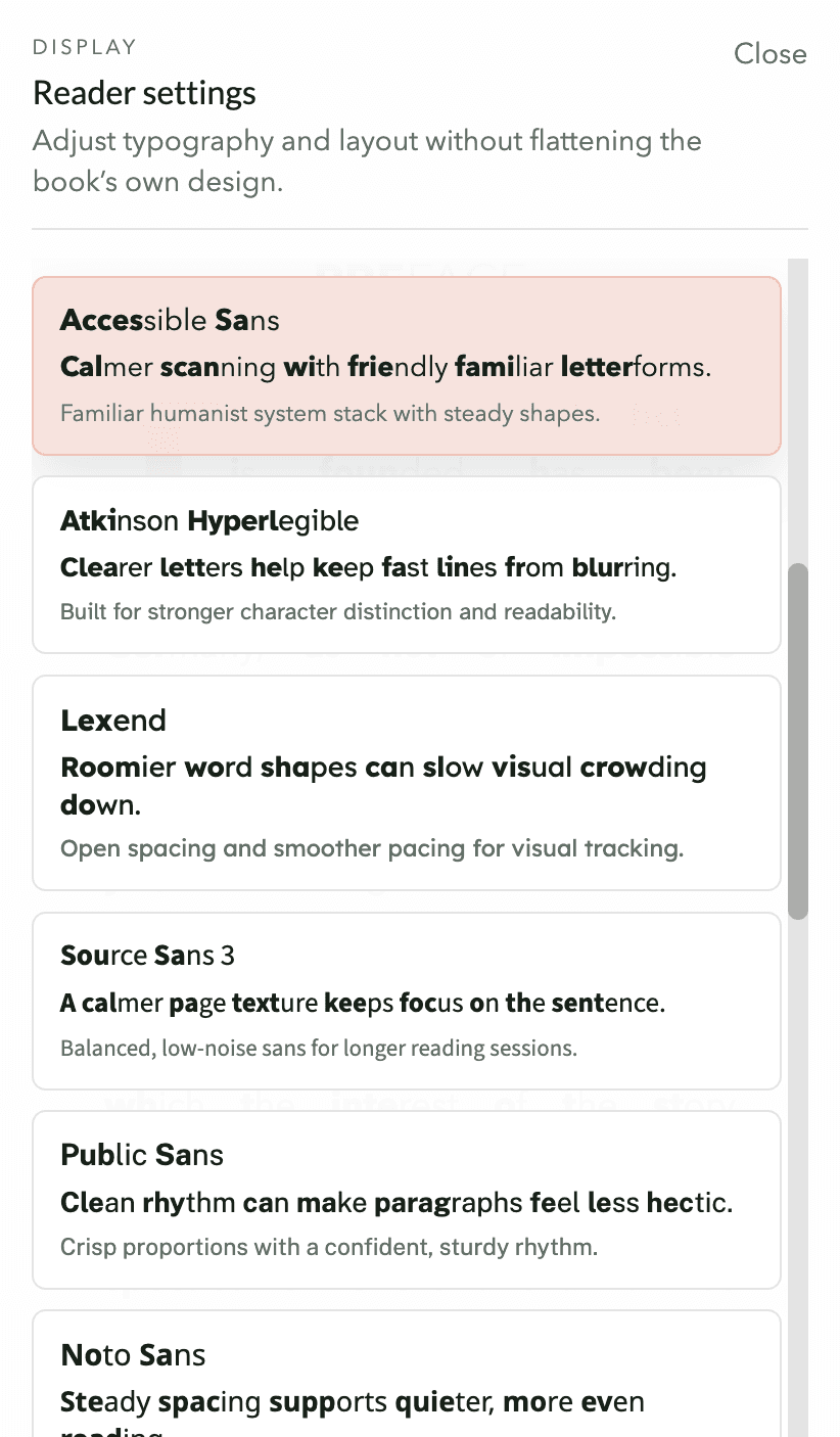 The mobile reader settings sheet showing the expanded font gallery with live typography previews.